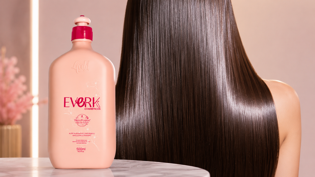 [Imagem: frasco Everk Yejin Fusion 500 ml diante de um cabelo longo, liso e brilhante com acabamento espelhado]