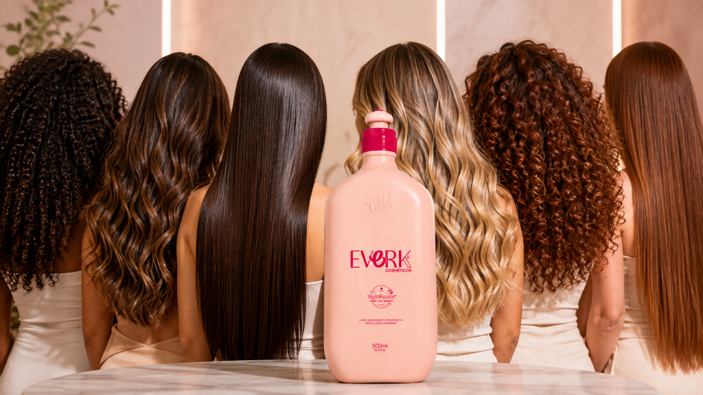 [Imagem: diferentes tipos e texturas de cabelo representando a indicação da Yejin Fusion para variados perfis de fios]